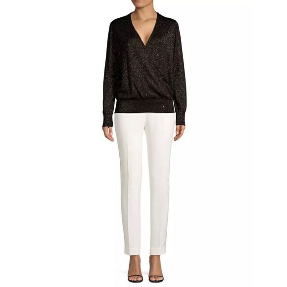 Lafayette 148 New York Sequin Metallic V-Neck Sweater Black Small Silk blend - Picture 4 of 10